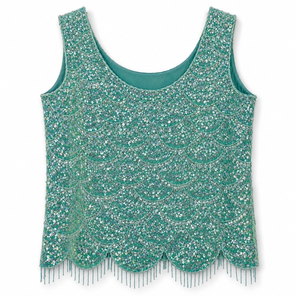 Rare Vtg 60s Mermaid Sequin Top Beads Fringe Shell Teal Scalloped Scales Fairy